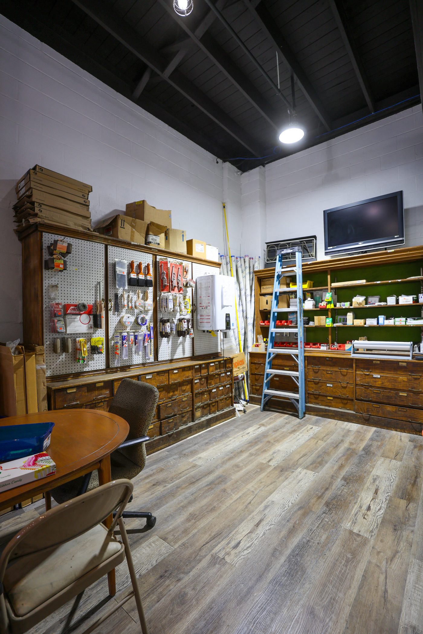 The back room and supply shelving at 250 Ramsdell Avenue